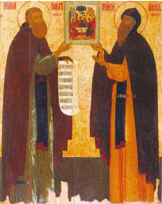 Преподобные Макарий Унженский и Иаков Железноборовский в молении иконе Троицы